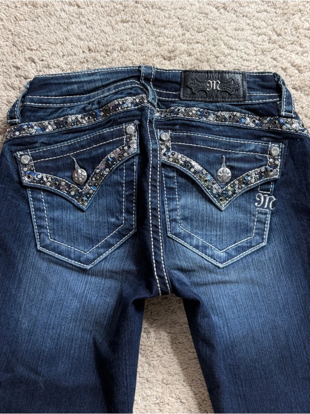 Womens Miss Me Jeans Size 25 Mid Rise Straight Rhinestone Y2K Sequins Blue Denim - Picture 5 of 9
